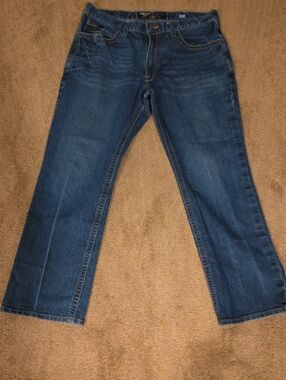 Ariat Rebar M4 36x32 Relaxed Boot Jeans - Dark Blue with Yellow Stitching